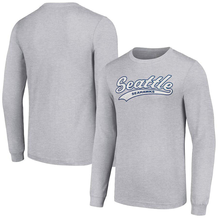 Seattle Seahawks Script Logo Print Long Sleeve T-Shirt – Bold Team Spirit - Grey