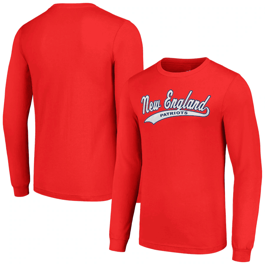New England Patriots Long Sleeve T-Shirt Script Logo Print – Fan Style, Red