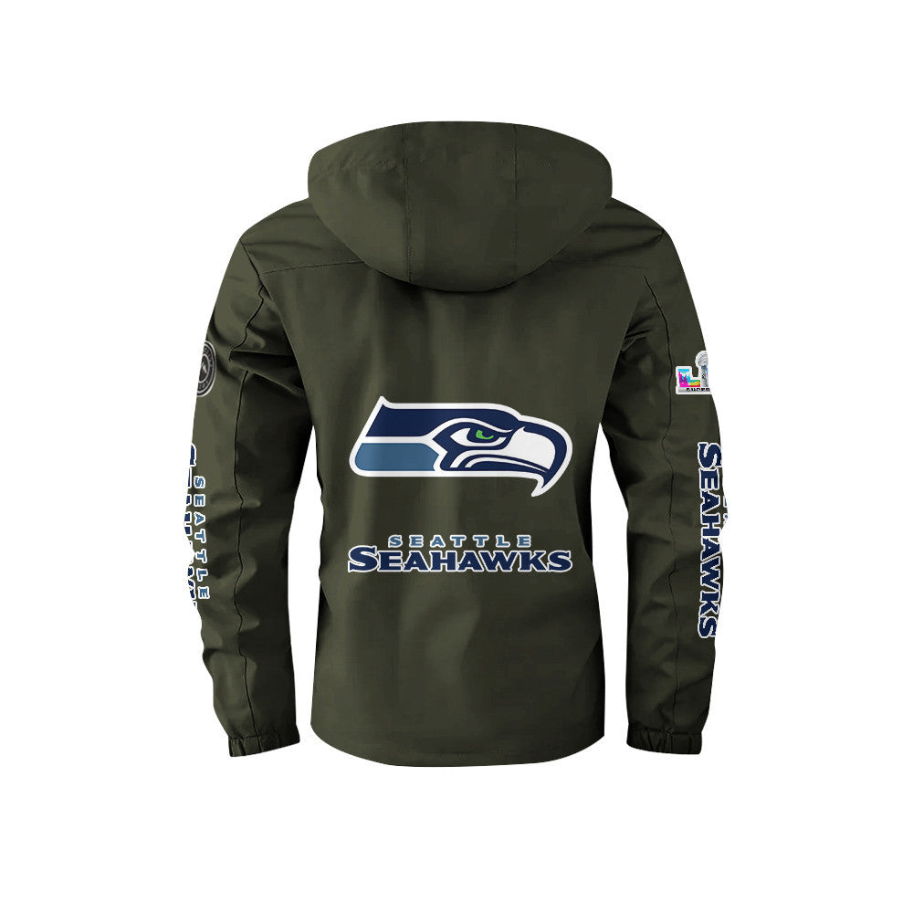 Seattle Seahawks 2026 Super Bowl LX Army Green Parka Coat – Printed Logos