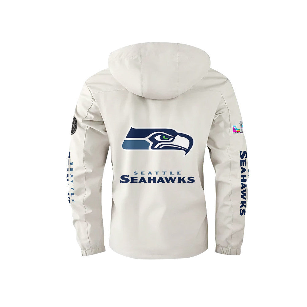 Seattle Seahawks 2026 Super Bowl LX White Parka Coat – Printed Logos