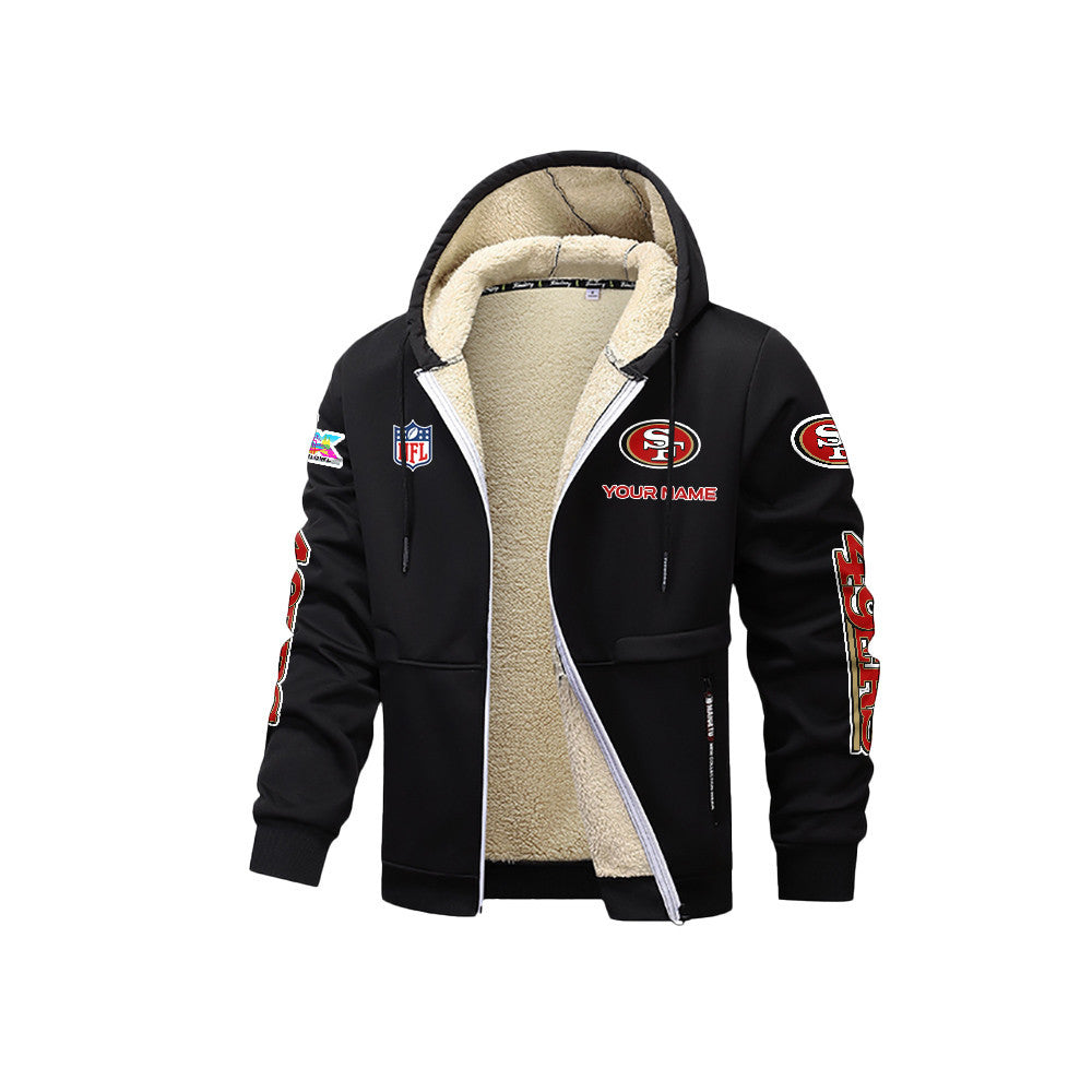 San Francisco 49ers 2026 Super Bowl LX Black Fleece Zip-Up Jacket – Printed Logos, Personalized Name