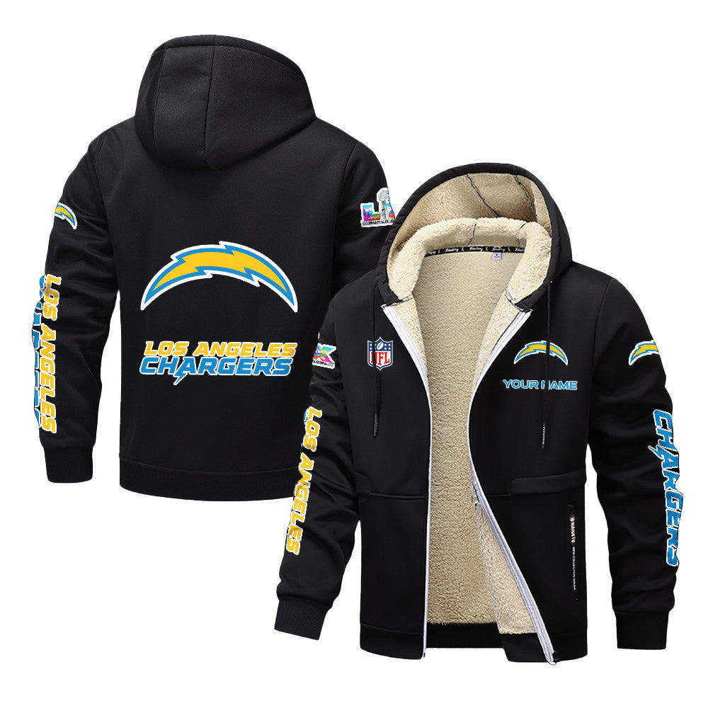 Los Angeles Chargers 2026 Super Bowl LX Black Fleece Zip-Up Jacket – Printed Logos, Personalized Name