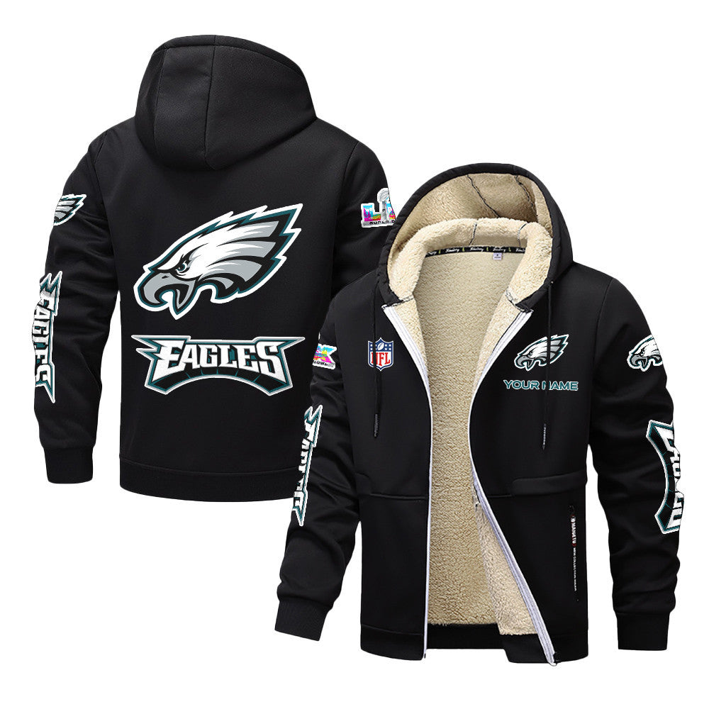 Philadelphia Eagles 2026 Super Bowl LX Black Fleece Zip-Up Jacket – Printed Logos, Personalized Name