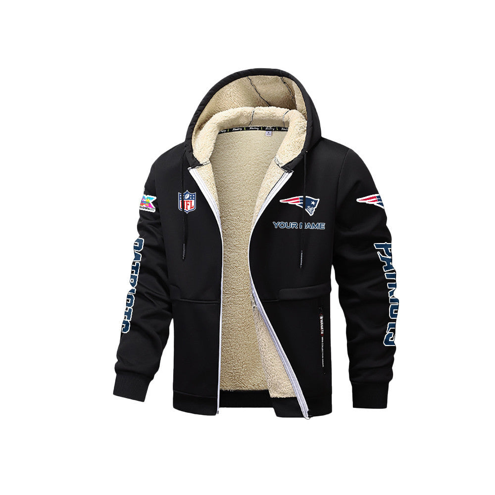 New England Patriots 2026 Super Bowl LX Black Fleece Zip-Up Jacket – Printed Logos, Personalized Name