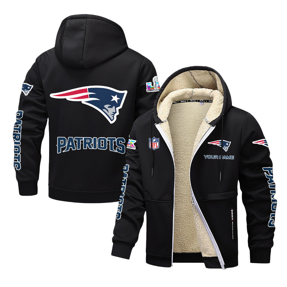 New England Patriots 2026 Super Bowl LX Black Fleece Zip-Up Jacket – Printed Logos, Personalized Name