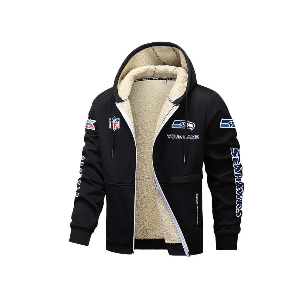 Seattle Seahawks 2026 Super Bowl LX Black Fleece Zip-Up Jacket – Printed Logos, Personalized Name