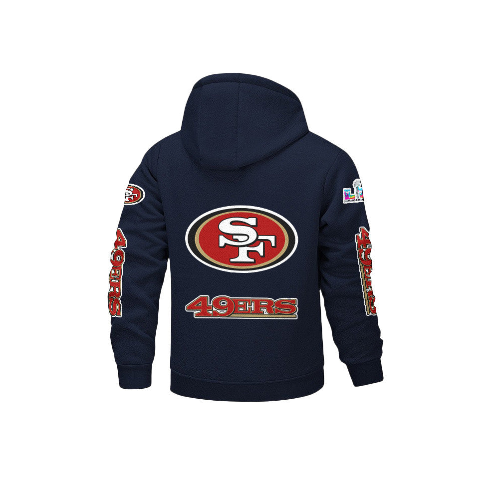 San Francisco 49ers 2026 Super Bowl LX Navy Fleece Zip-Up Jacket – Printed Logos, Personalized Name