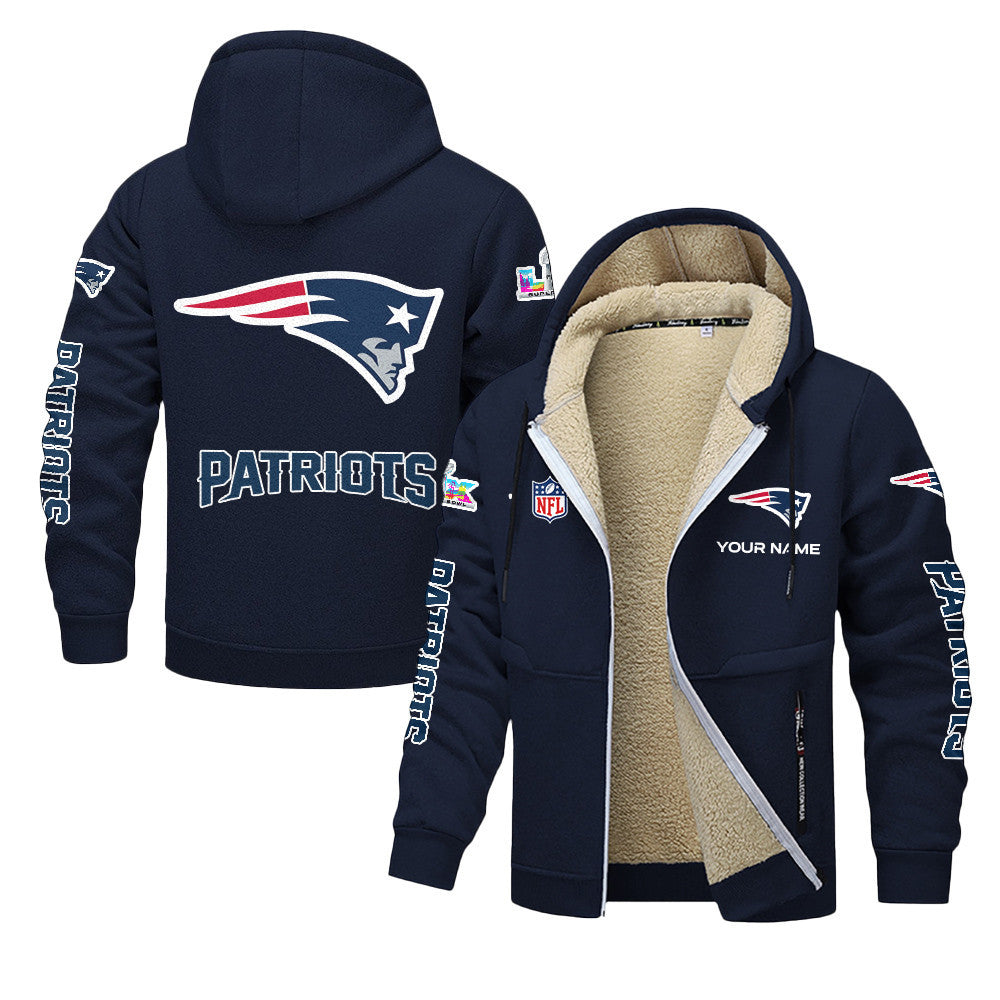 New England Patriots 2026 Super Bowl LX Navy Fleece Zip-Up Jacket – Printed Logos, Personalized Name