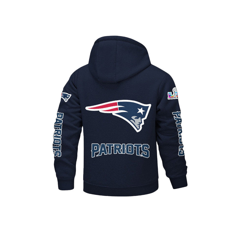 New England Patriots 2026 Super Bowl LX Navy Fleece Zip-Up Jacket – Printed Logos, Personalized Name