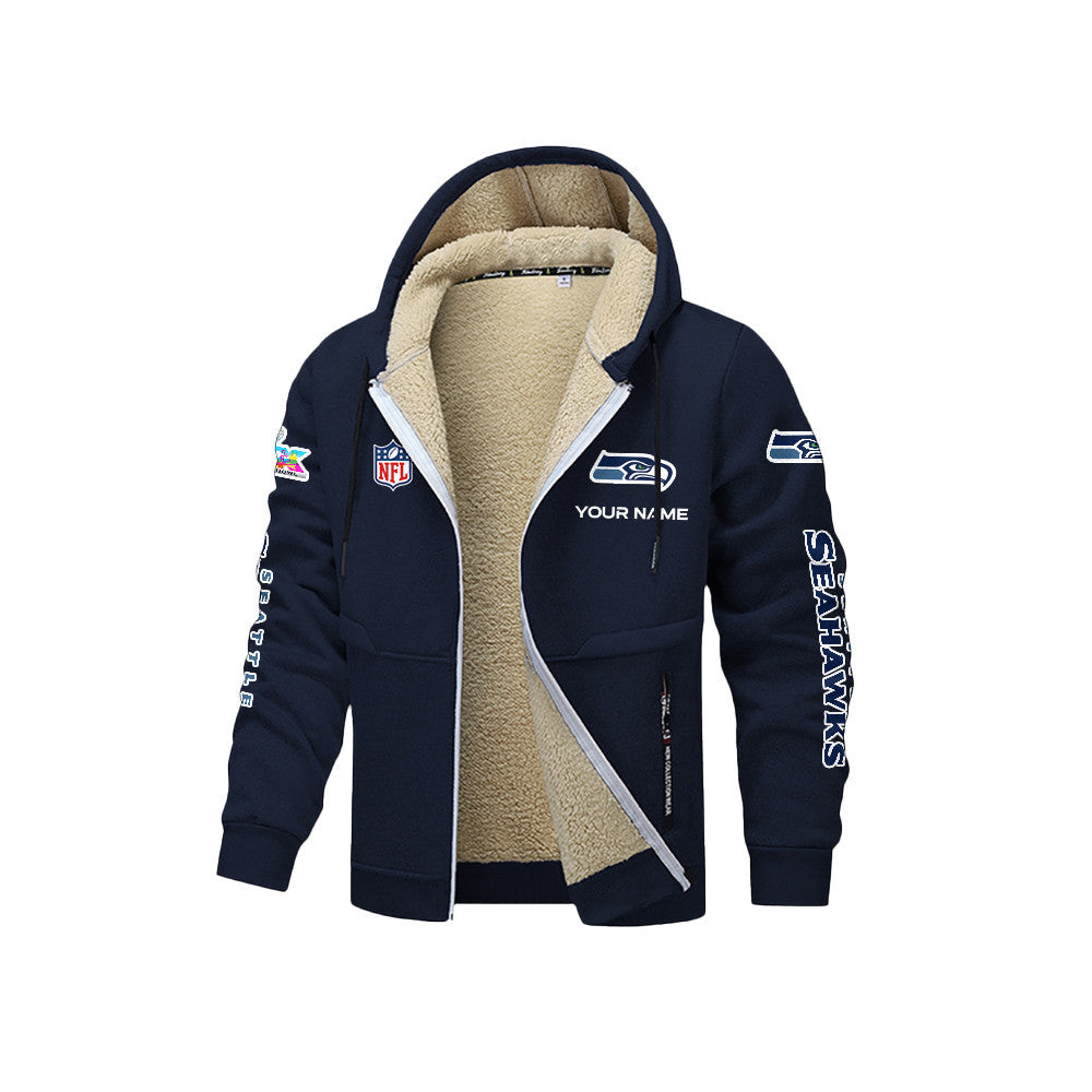 Seattle Seahawks 2026 Super Bowl LX Navy Fleece Zip-Up Jacket – Printed Logos, Personalized Name