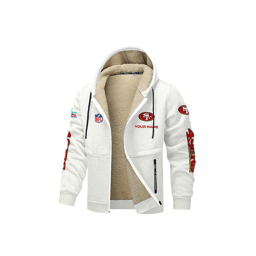 San Francisco 49ers 2026 Super Bowl LX White Fleece Zip-Up Jacket – Printed Logos, Personalized Name