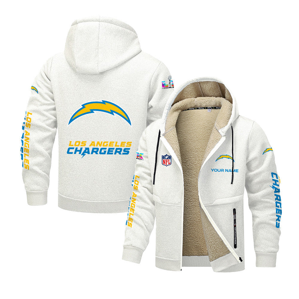 Los Angeles Chargers 2026 Super Bowl LX White Fleece Zip-Up Jacket – Printed Logos, Personalized Name