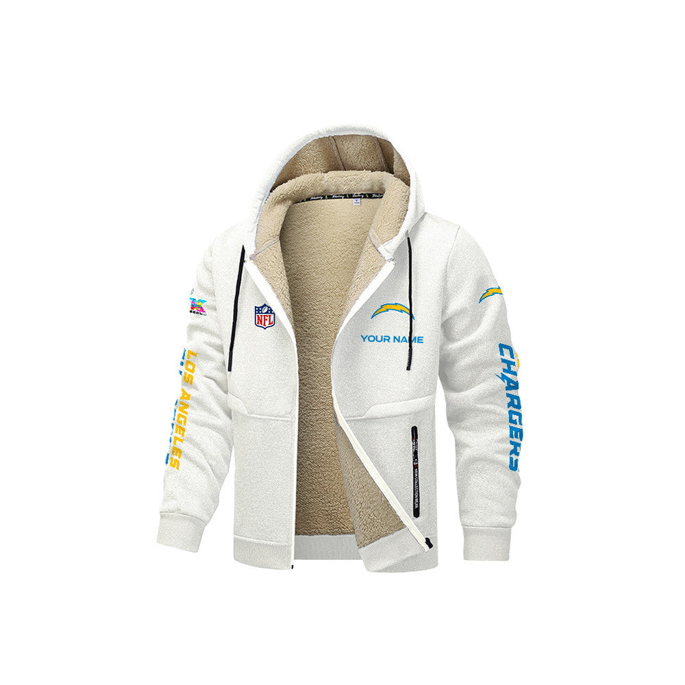 Los Angeles Chargers 2026 Super Bowl LX White Fleece Zip-Up Jacket – Printed Logos, Personalized Name