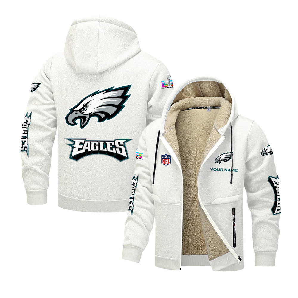 Philadelphia Eagles 2026 Super Bowl LX White Fleece Zip-Up Jacket – Printed Logos, Personalized Name