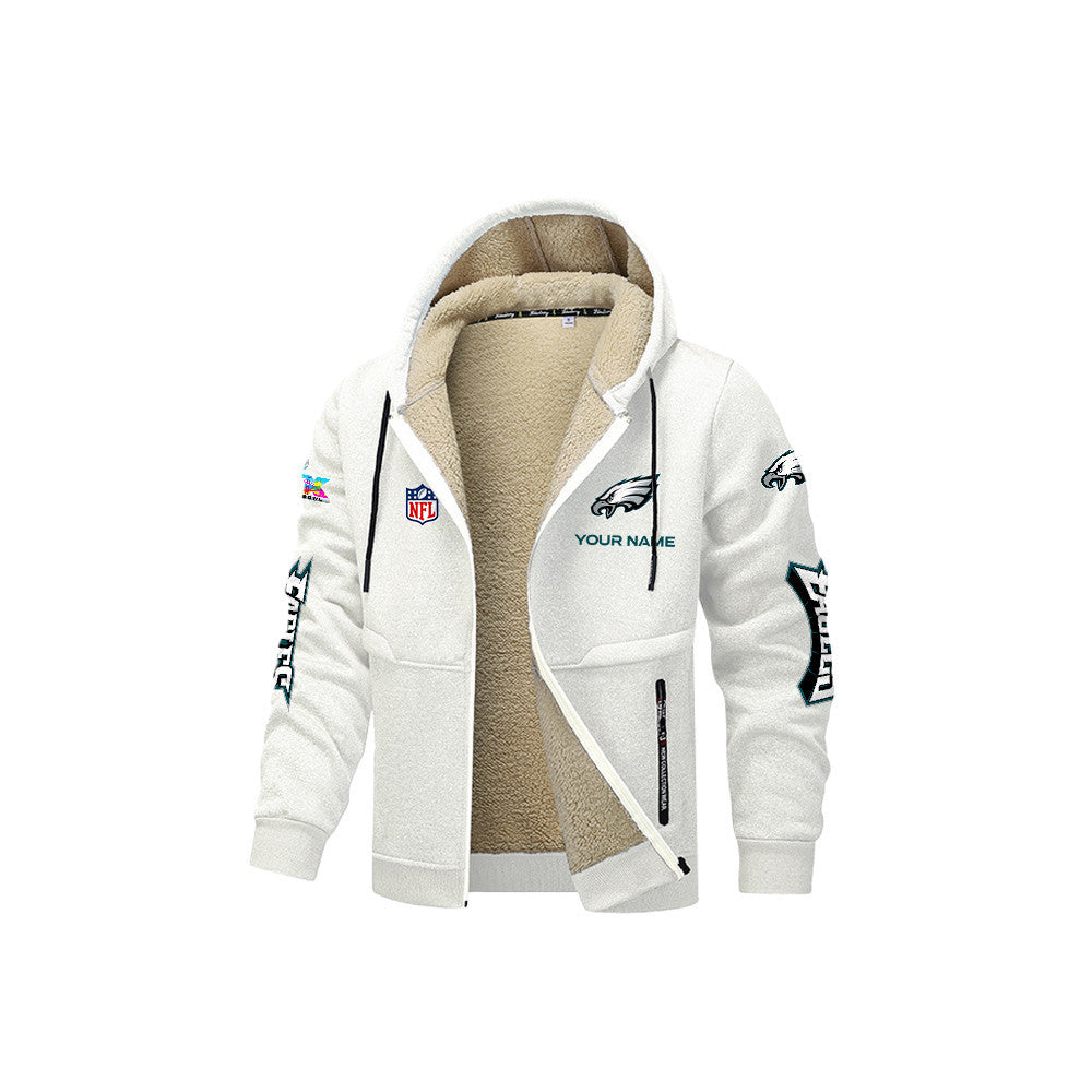 Philadelphia Eagles 2026 Super Bowl LX White Fleece Zip-Up Jacket – Printed Logos, Personalized Name