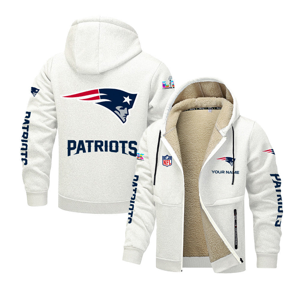 New England Patriots 2026 Super Bowl LX White Fleece Zip-Up Jacket – Printed Logos, Personalized Name