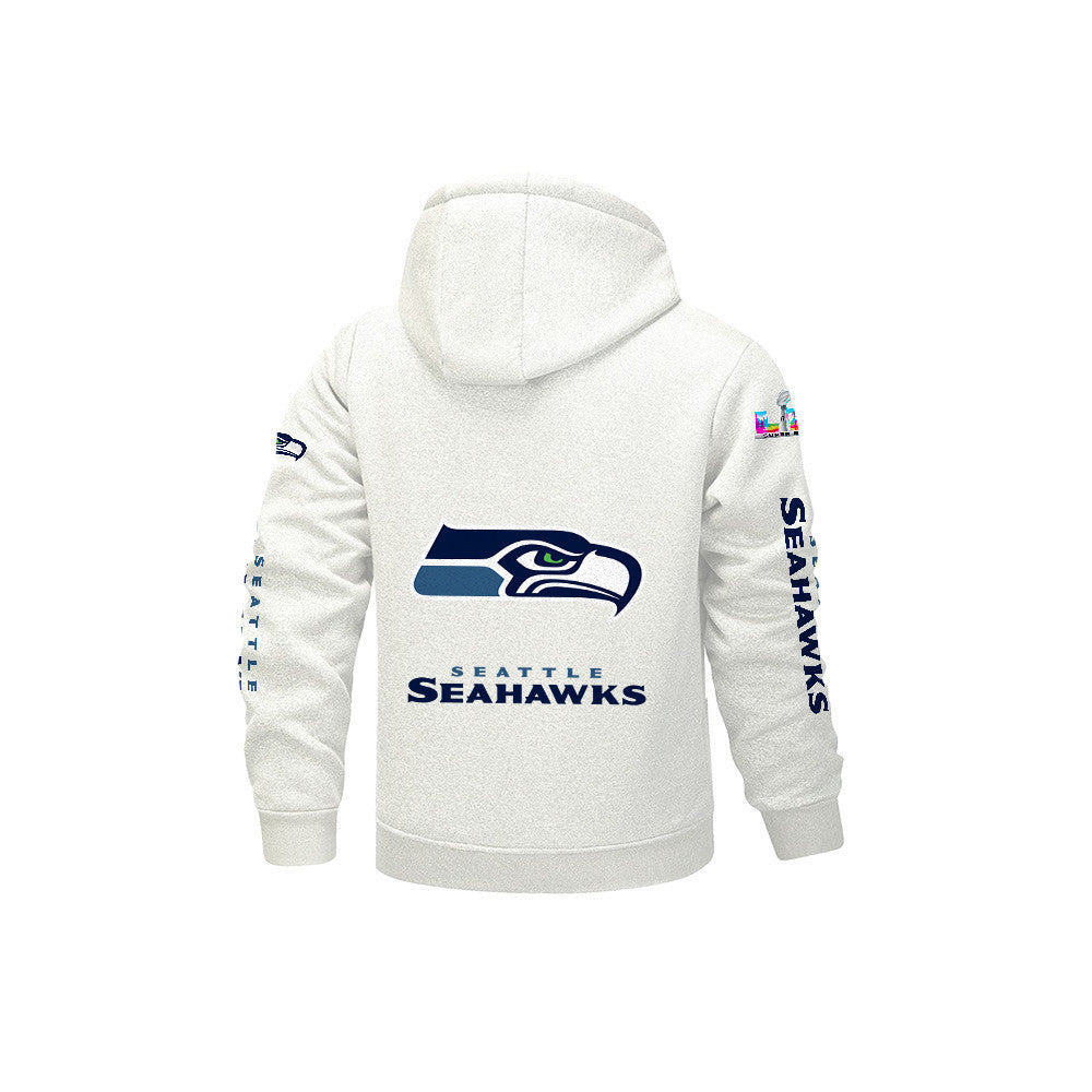 Seattle Seahawks 2026 Super Bowl LX White Fleece Zip-Up Jacket – Printed Logos, Personalized Name