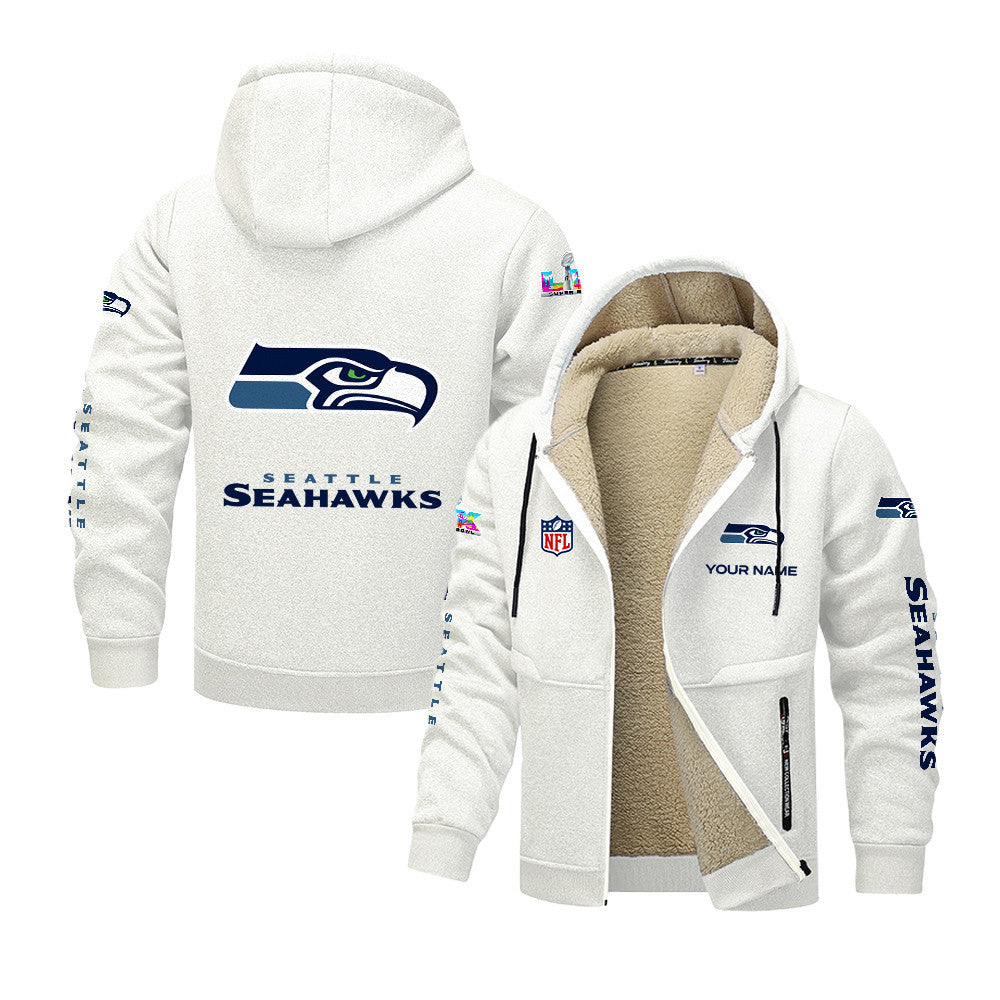 Seattle Seahawks 2026 Super Bowl LX White Fleece Zip-Up Jacket – Printed Logos, Personalized Name