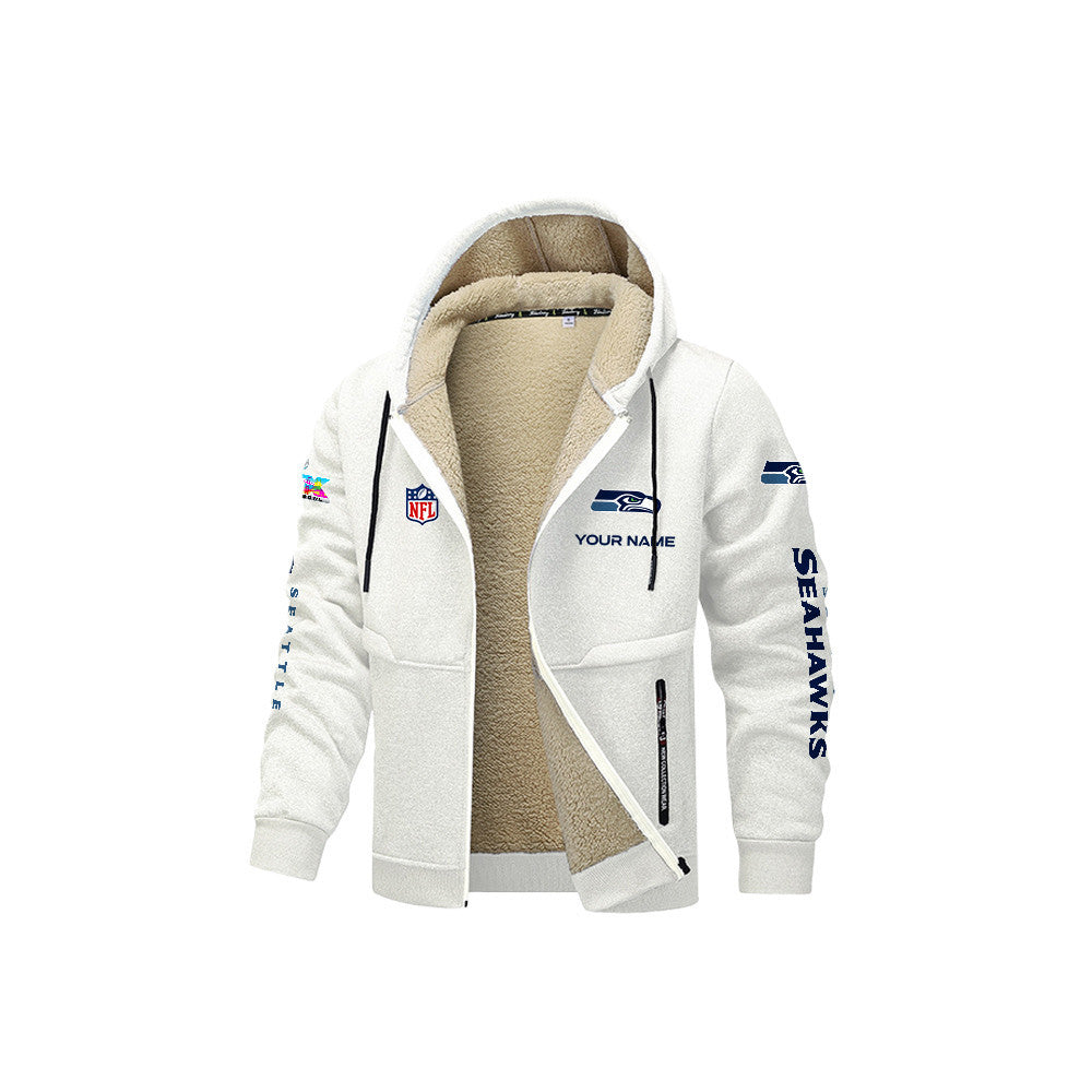 Seattle Seahawks 2026 Super Bowl LX White Fleece Zip-Up Jacket – Printed Logos, Personalized Name