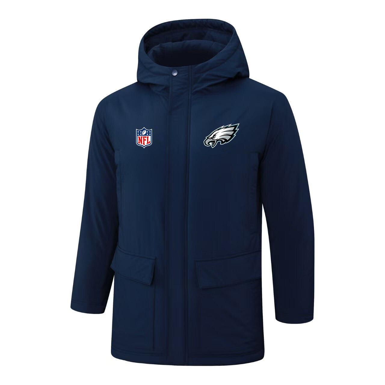 Philadelphia Eagles Padded Parka Jacket Navy - Heat Printed Logo, Fan Gear