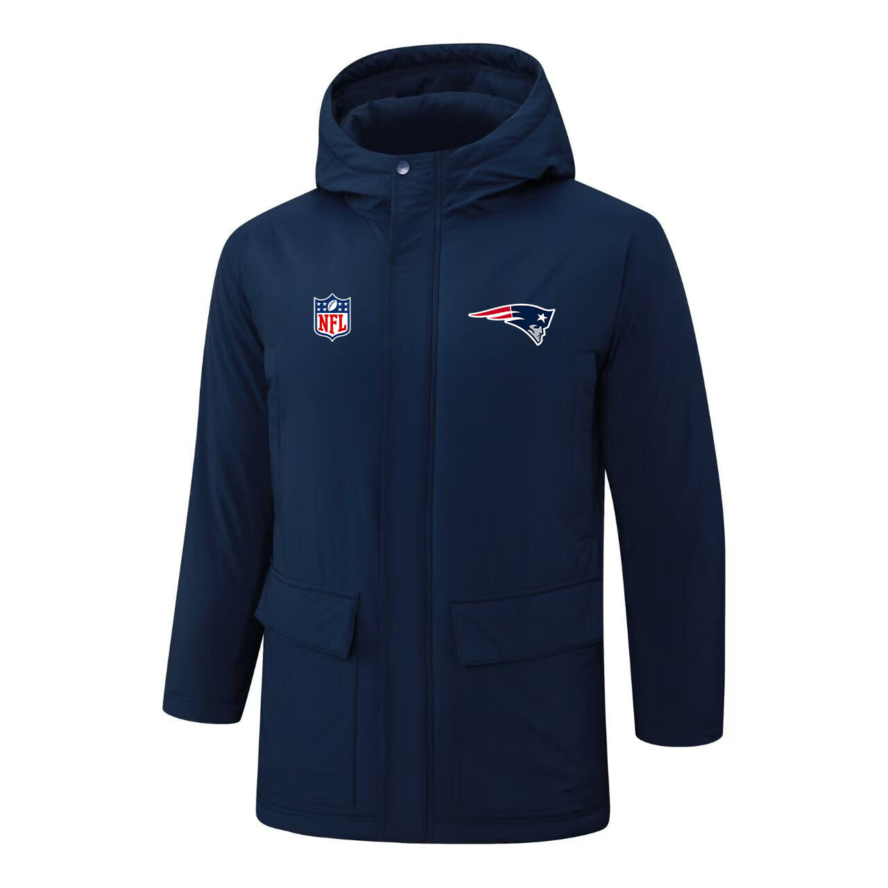 New England Patriots Padded Parka Jacket Navy - Heat Printed Logo, Fan Gear