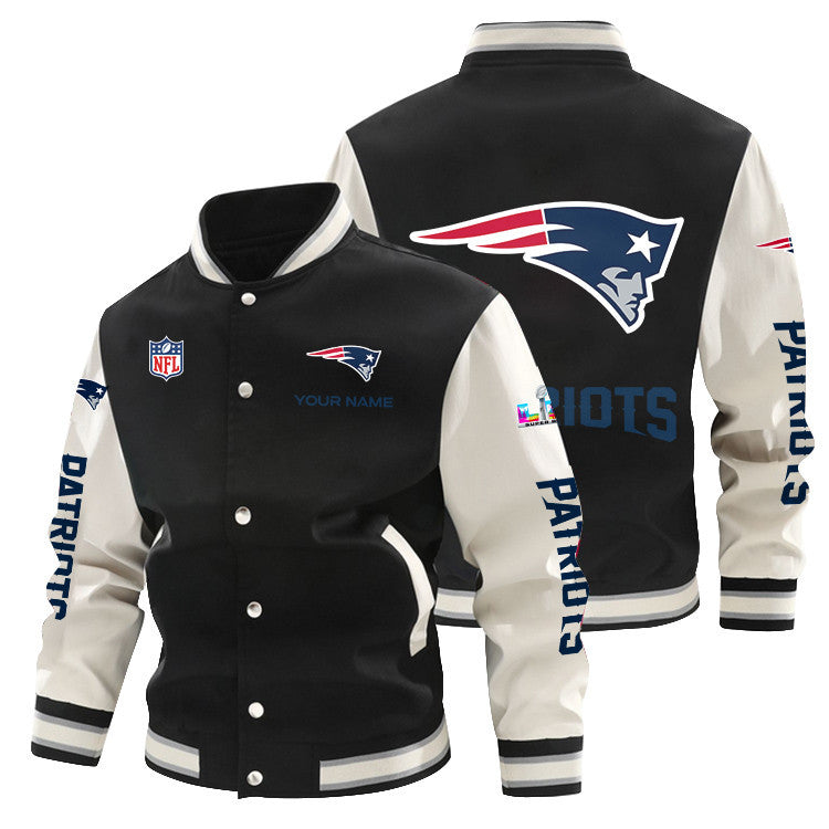 New England Patriots 2026 Super Bowl LX All-Over Print Baseball Jacket – Black
