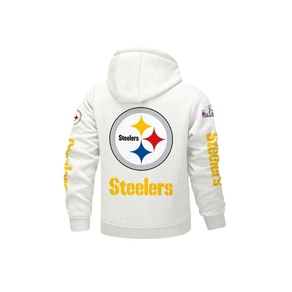 Pittsburgh Steelers 2026 Super Bowl LX White Fleece Zip-Up Jacket – Printed Logos, Personalized Name