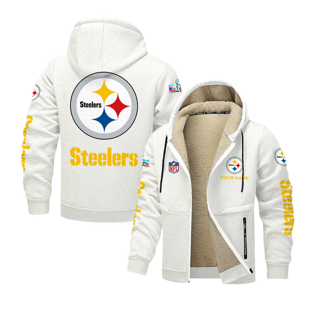 Pittsburgh Steelers 2026 Super Bowl LX White Fleece Zip-Up Jacket – Printed Logos, Personalized Name