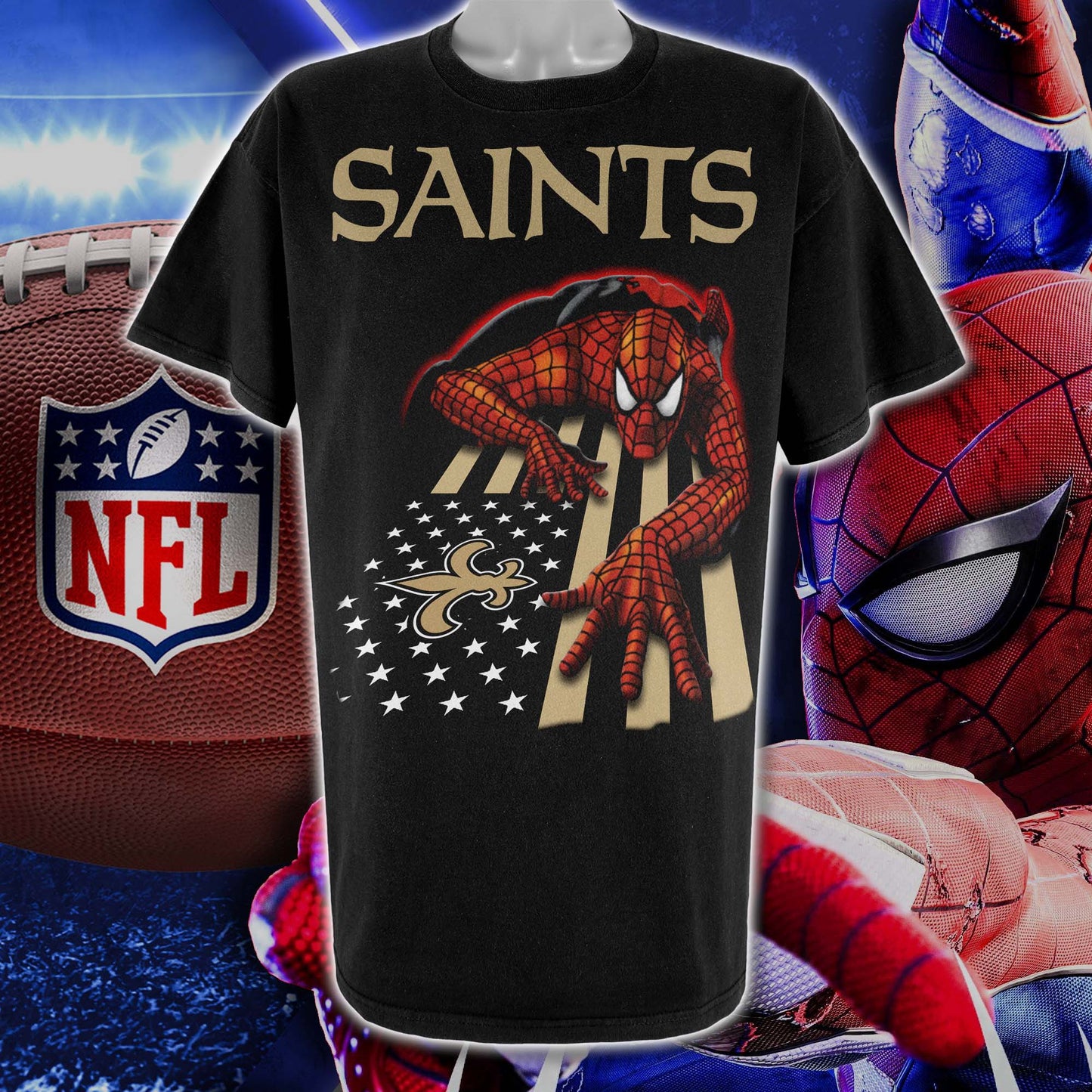 New Orleans Saints & Spiderman America Flag T-Shirt