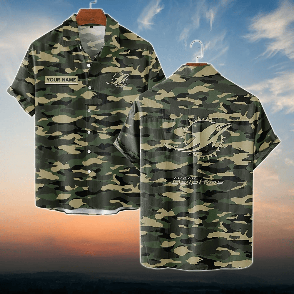 Miami Dolphins NFL Dark Camo Custom Name Hawaiian Shirt
