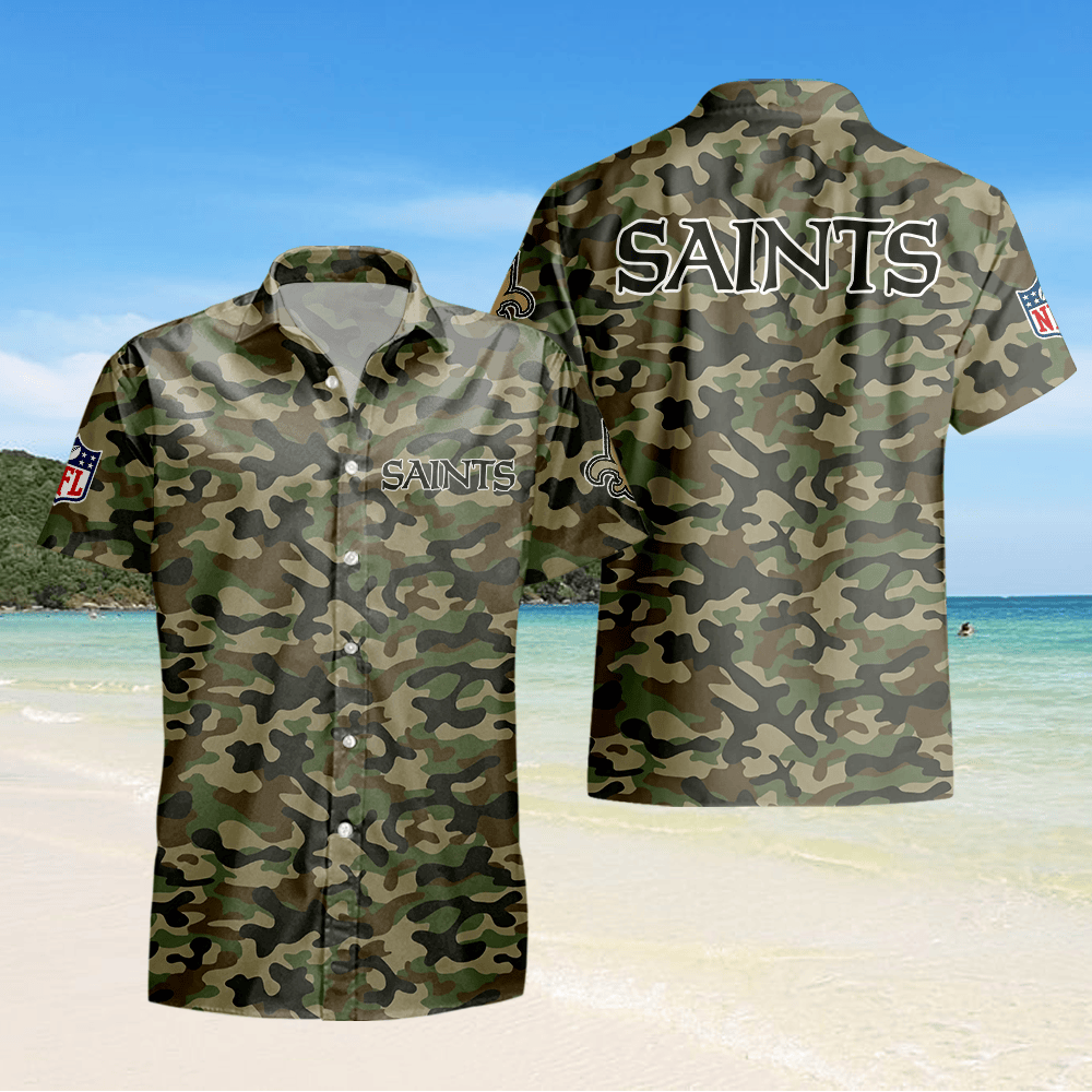 New Orleans Saints Camo Hawaiian Shirt - Green