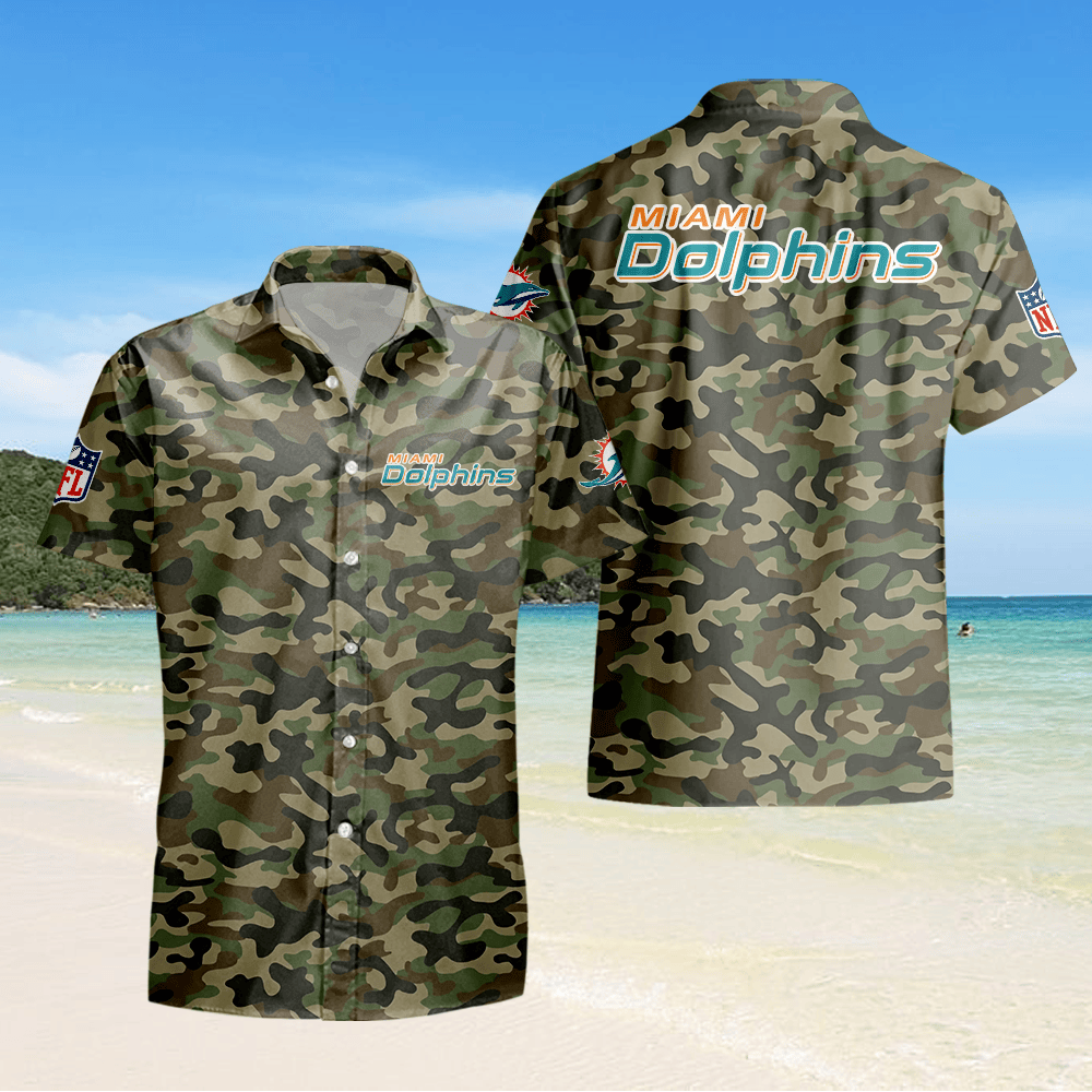 Miami Dolphins Camo Hawaiian Shirt - Green
