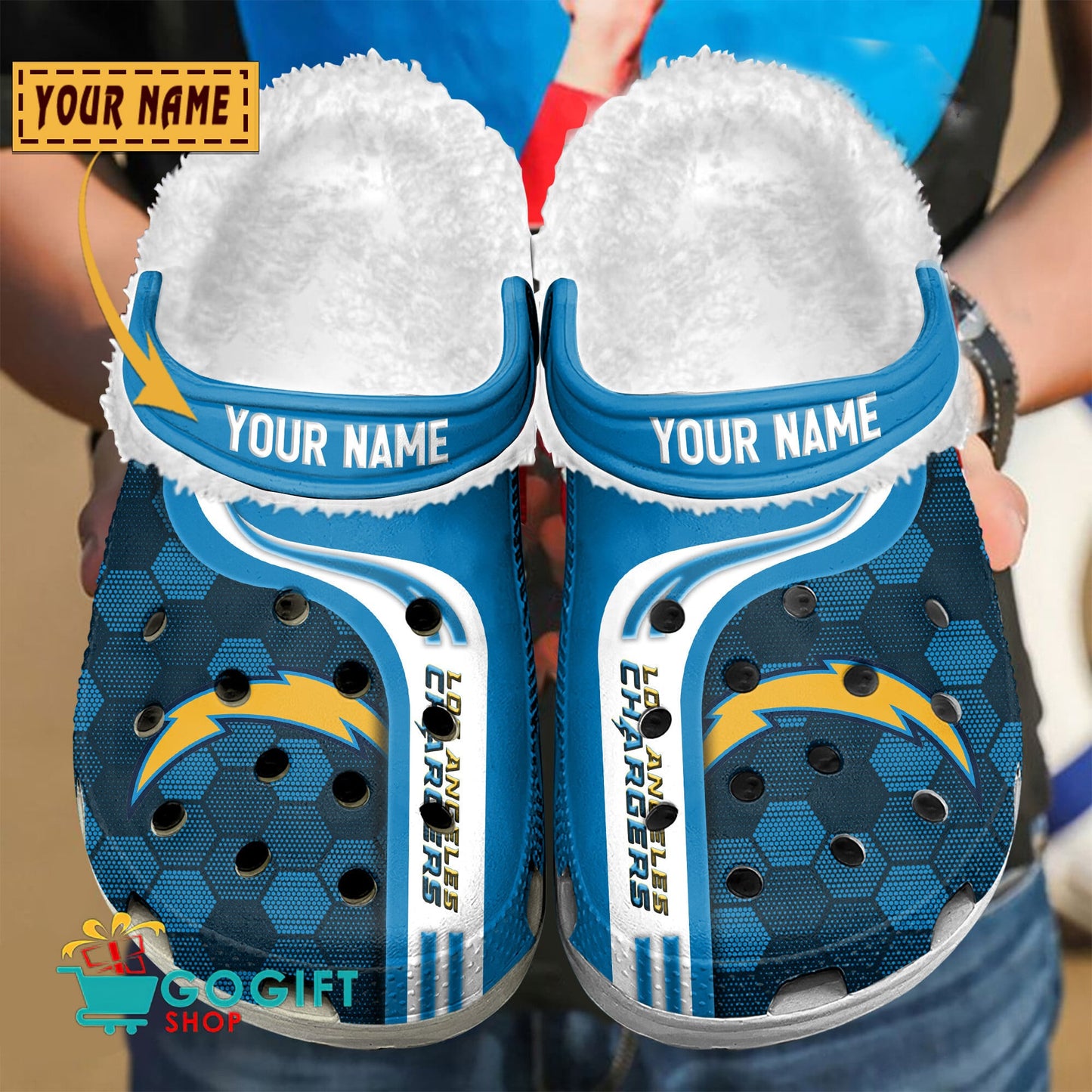 Los Angeles Chargers Honeycomb Pattern Custom Name Fleece Crocs Clogs Shoes