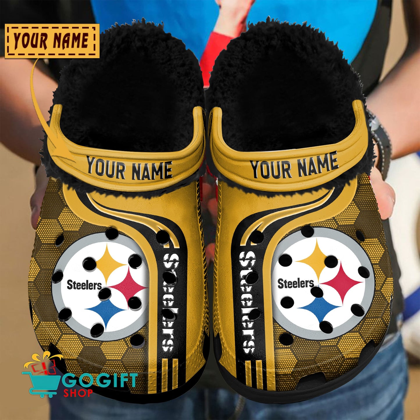 Pittsburgh Steelers Honeycomb Pattern Custom Name Fleece Crocs Clogs Shoes