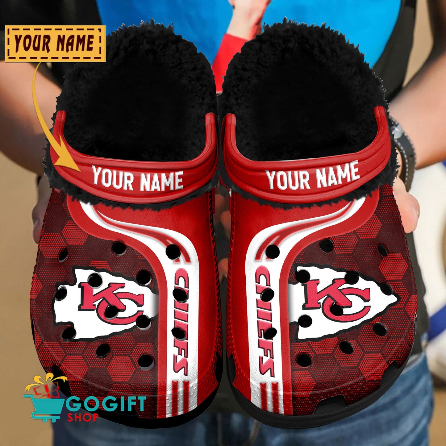 Kansas City Chiefs Honeycomb Pattern Custom Name Fleece Crocs Clogs Shoes