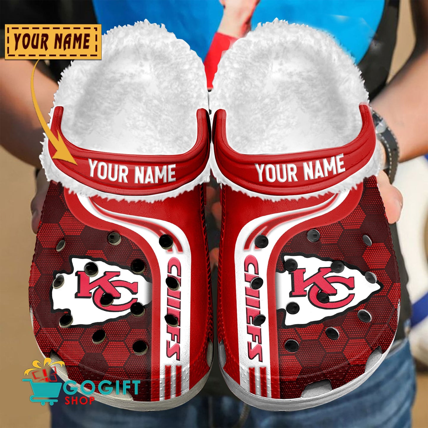 Kansas City Chiefs Honeycomb Pattern Custom Name Fleece Crocs Clogs Shoes