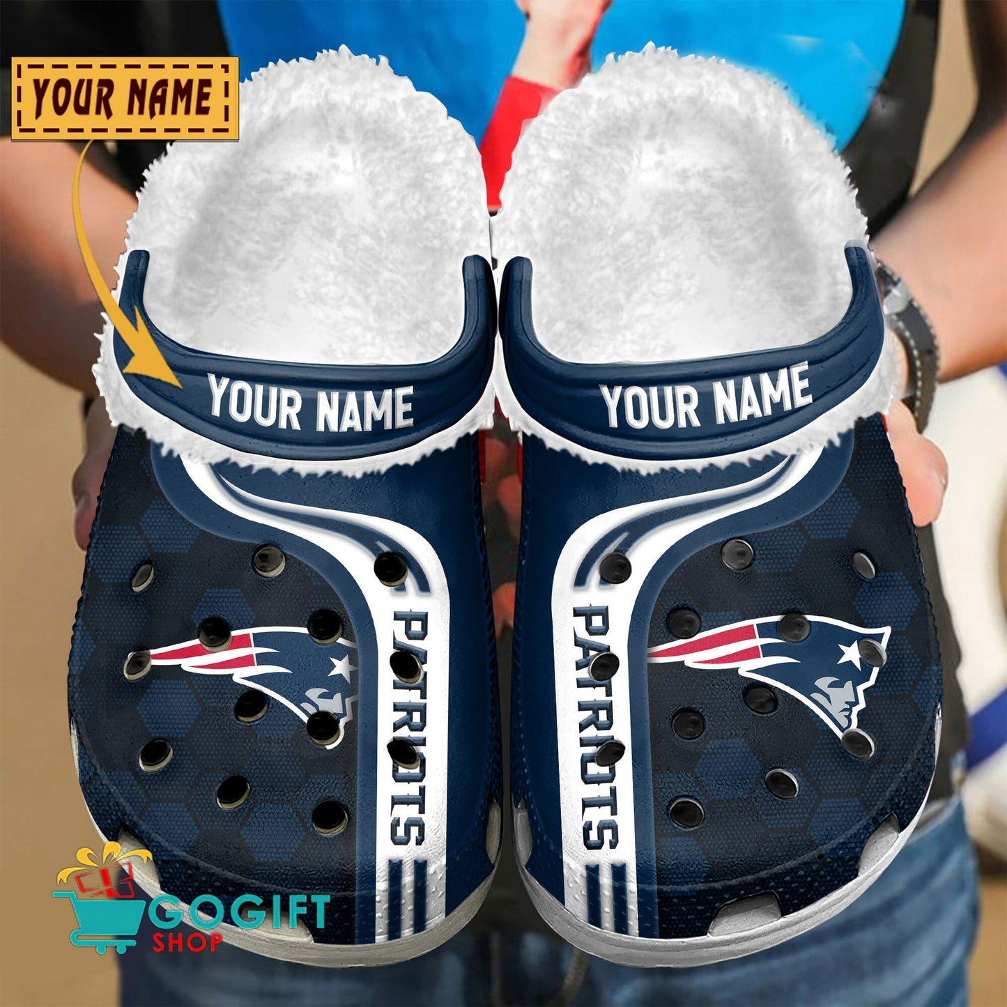 New England Patriots Honeycomb Pattern Custom Name Fleece Crocs Clogs Shoes