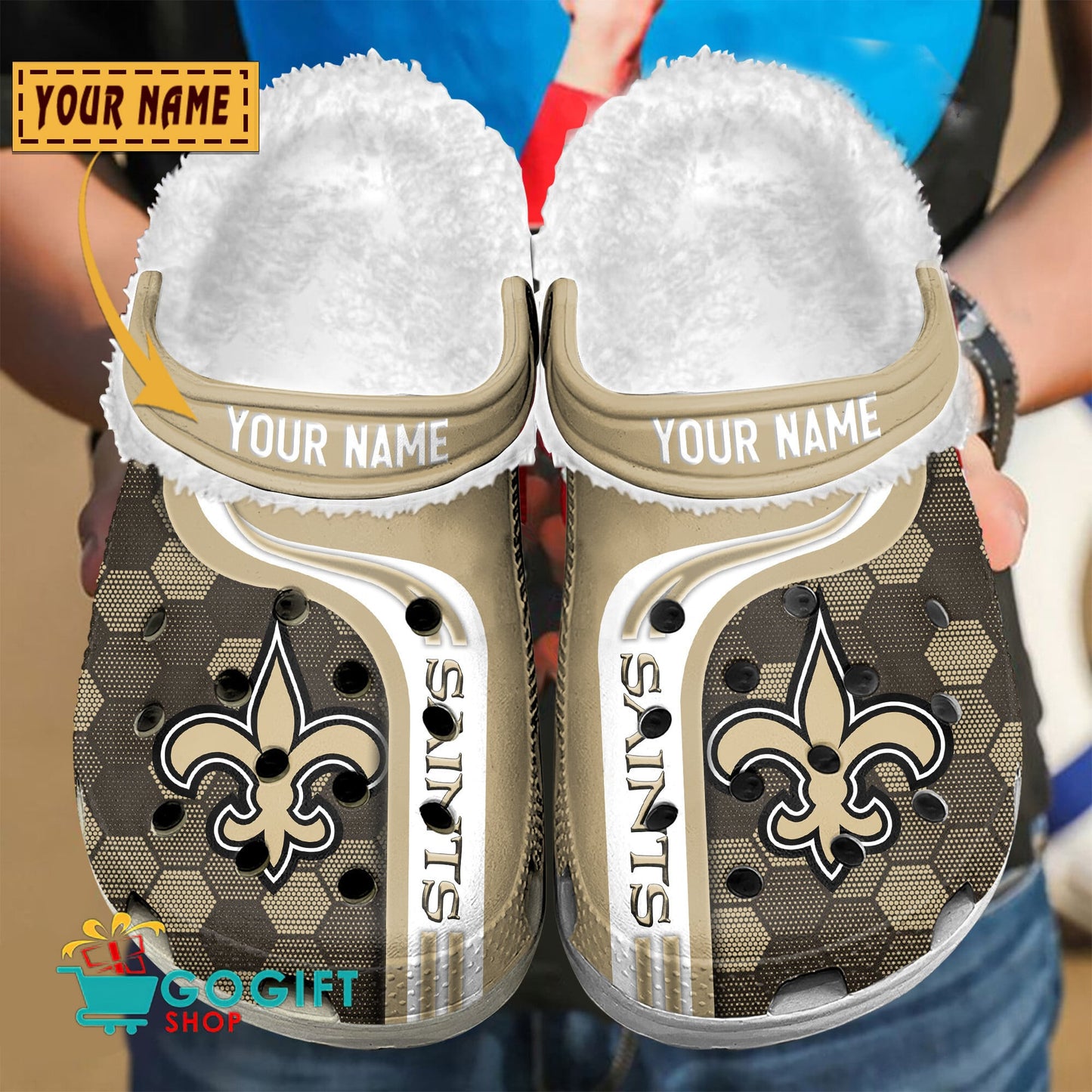 New Orleans Saints Honeycomb Pattern Custom Name Fleece Crocs Clogs Shoes
