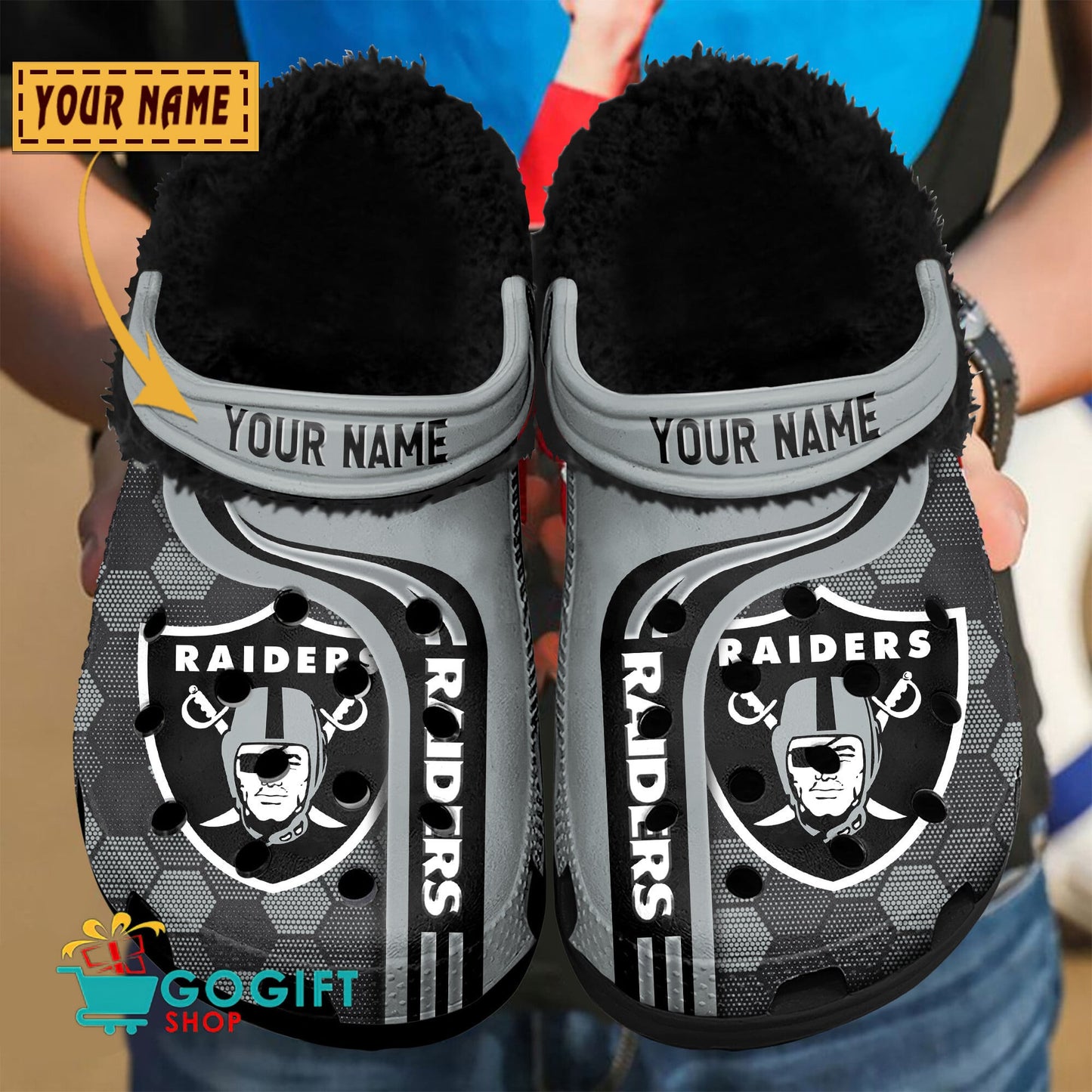 Las Vegas Raiders Honeycomb Pattern Custom Name Fleece Crocs Clogs Shoes