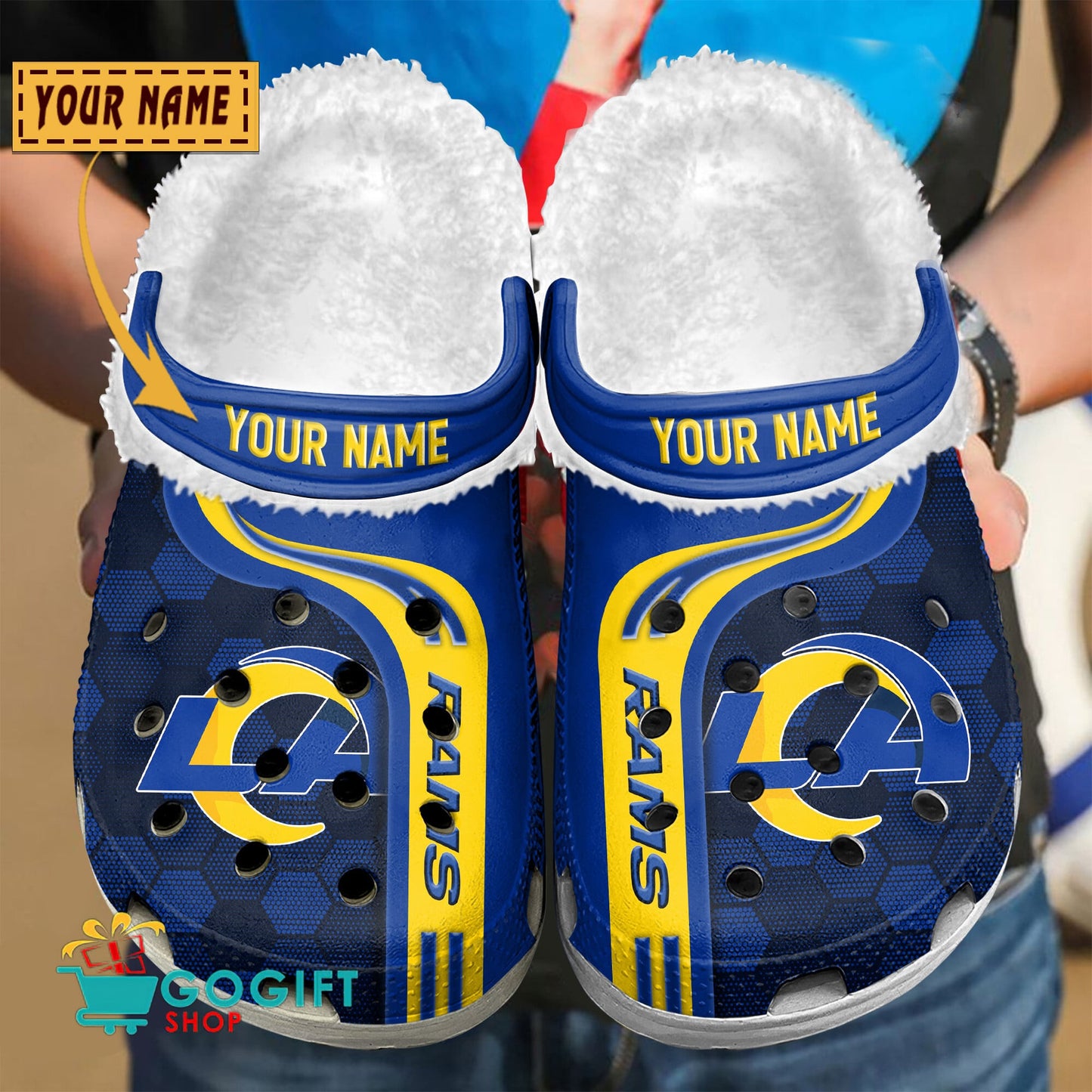 Los Angeles Rams Honeycomb Pattern Custom Name Fleece Crocs Clogs Shoes
