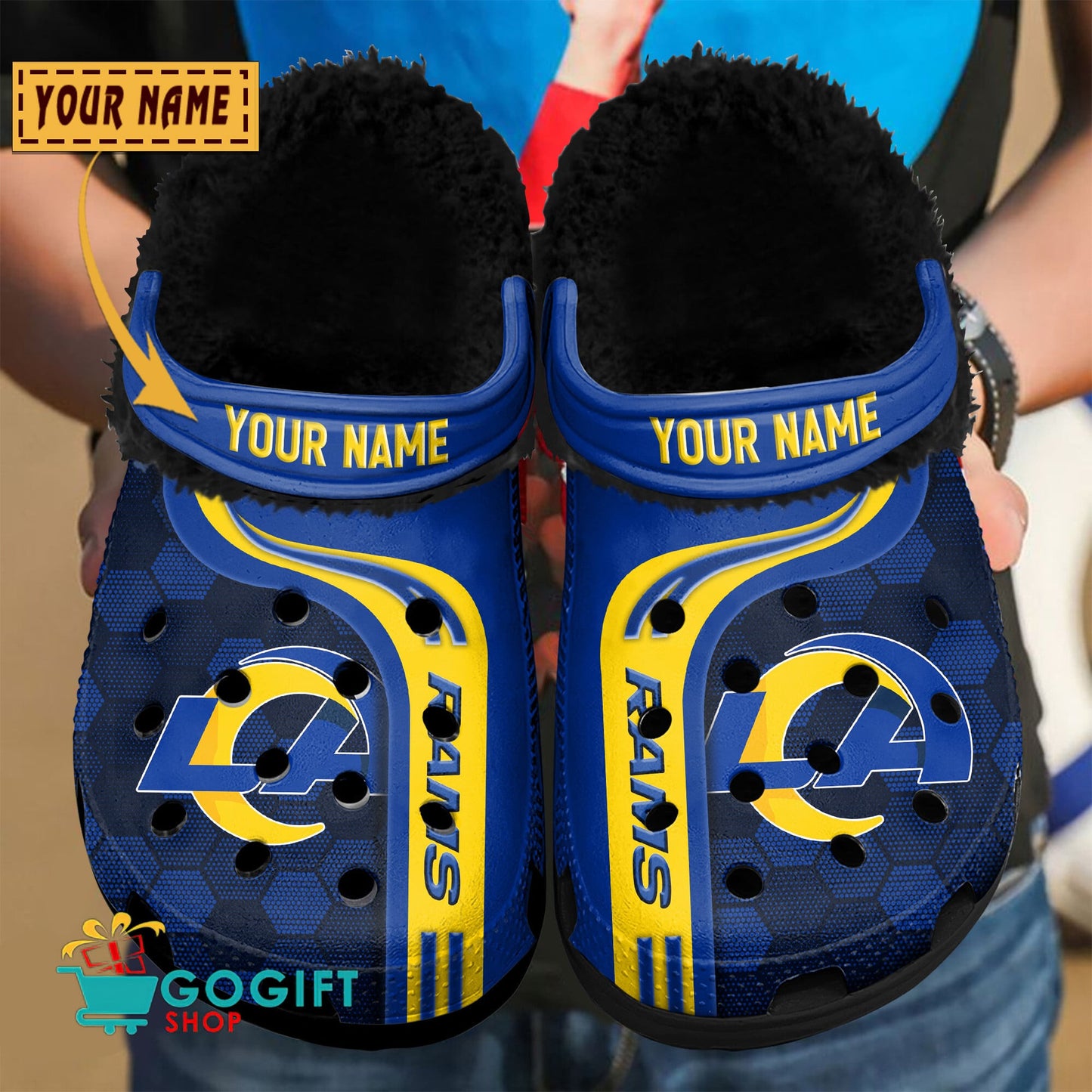 Los Angeles Rams Honeycomb Pattern Custom Name Fleece Crocs Clogs Shoes