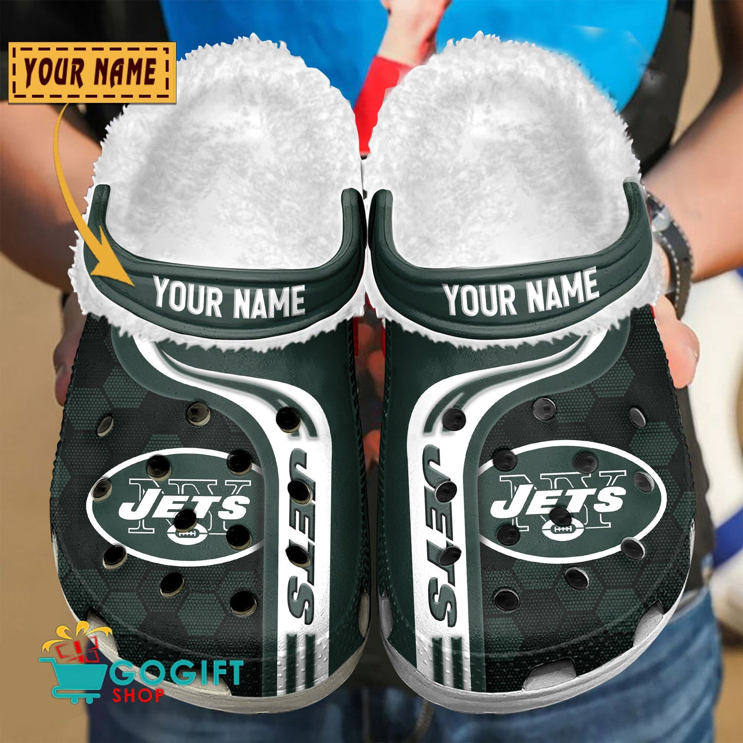 New York Jets Honeycomb Pattern Custom Name Fleece Crocs Clogs Shoes