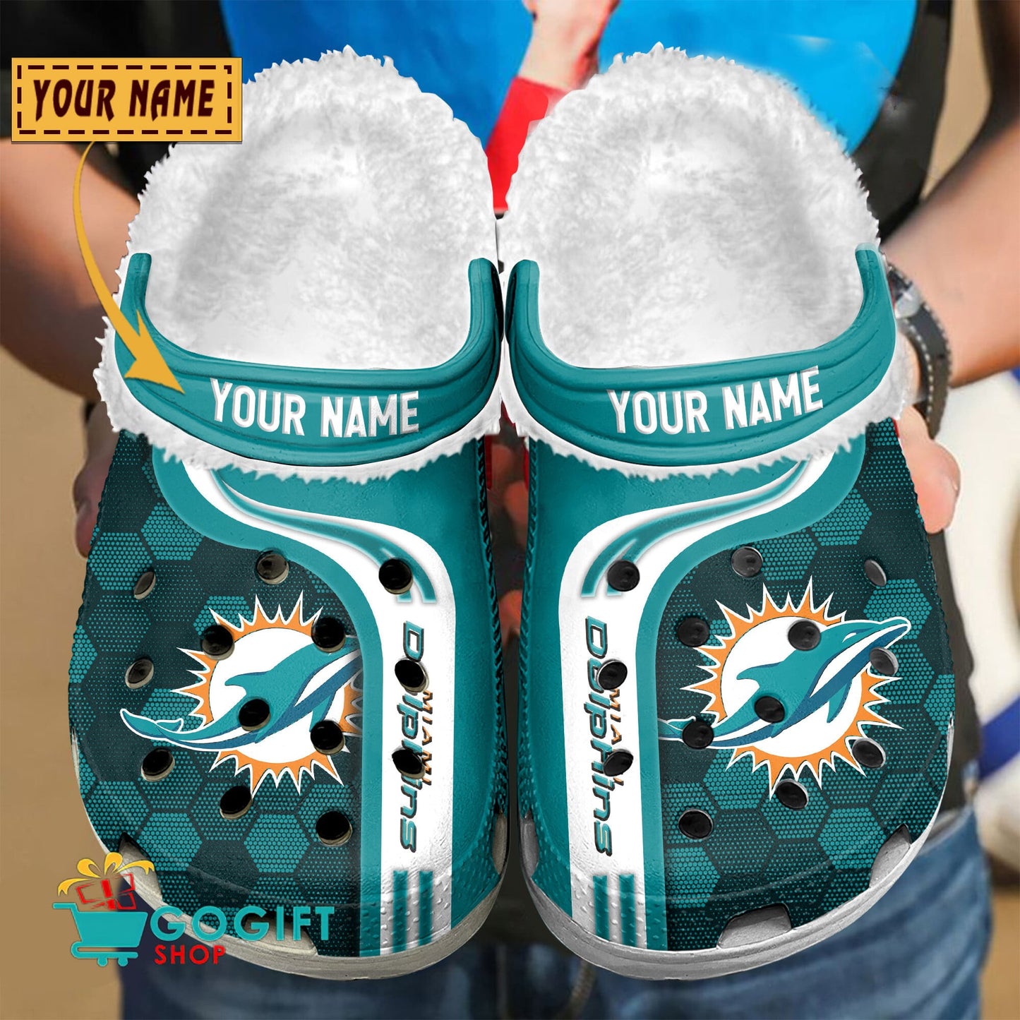 Miami Dolphins Honeycomb Pattern Custom Name Fleece Crocs Clogs Shoes