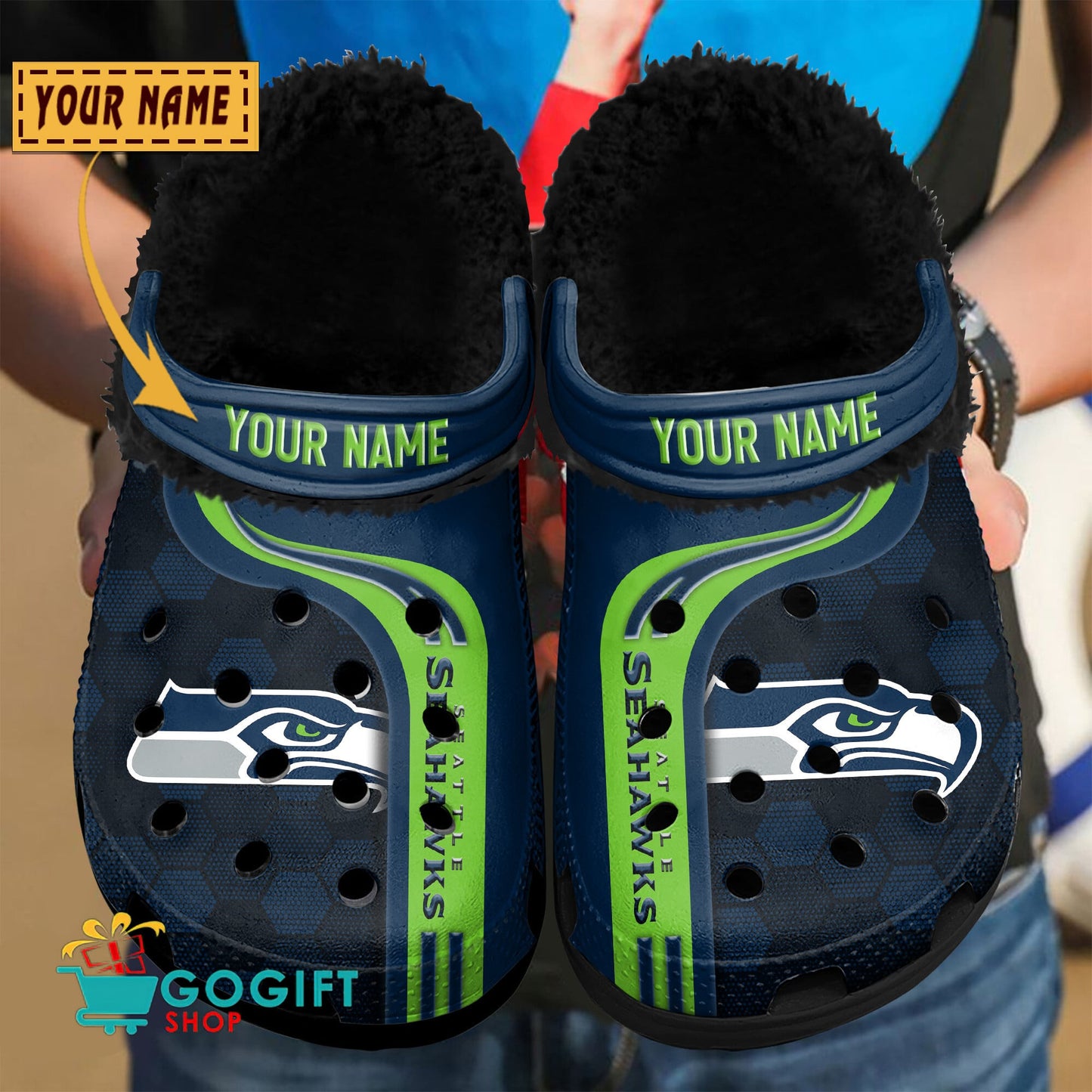 Seattle Seahawks Honeycomb Pattern Custom Name Fleece Crocs Clogs Shoes