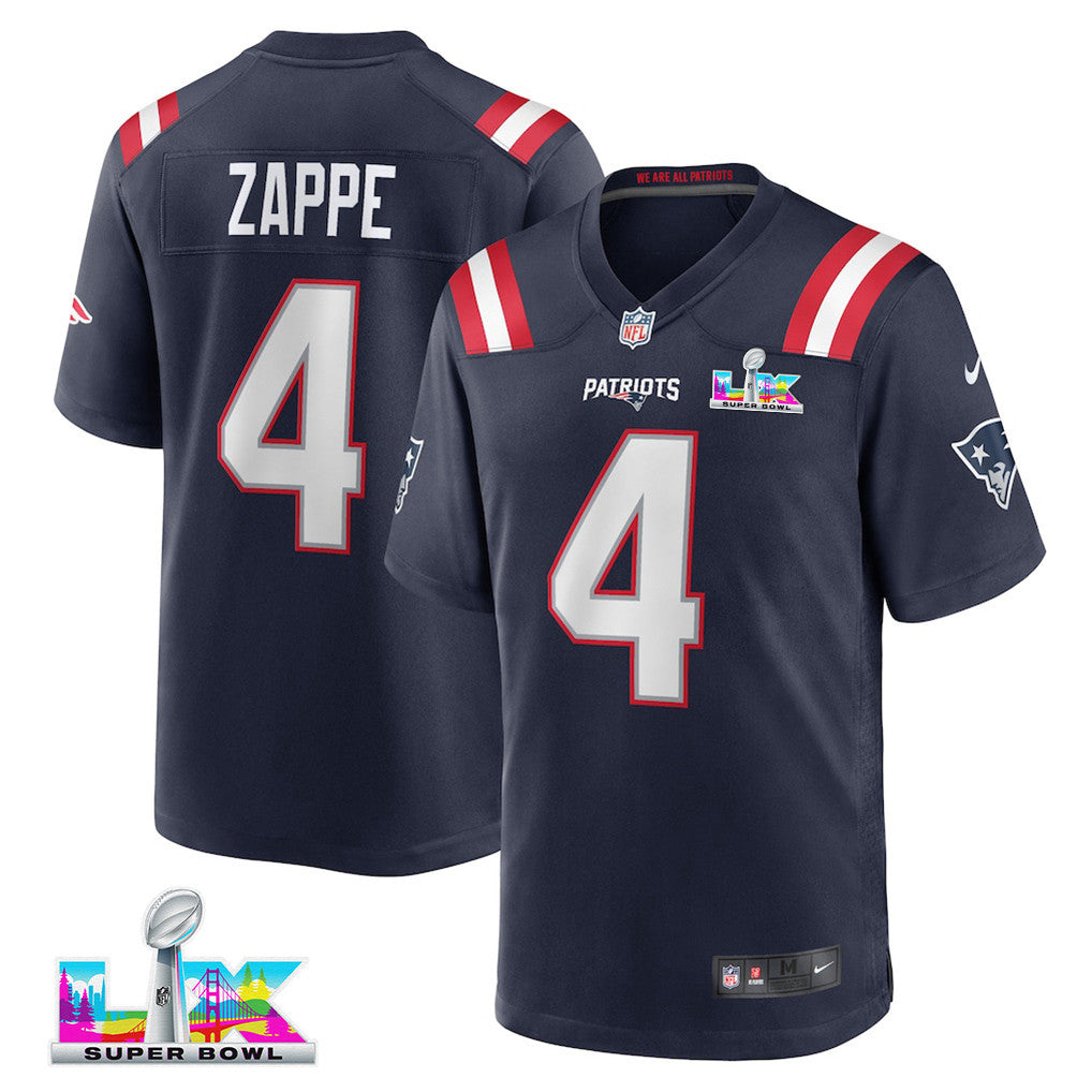Bailey Zappe 4 New England Patriots 2026 Super Bowl LX Game Player Jersey - Navy