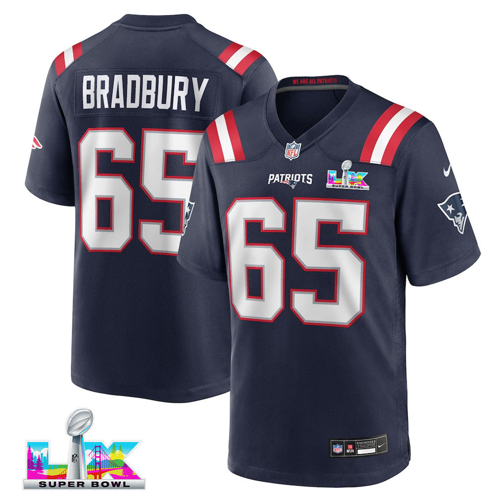 Garrett Bradbury 65 New England Patriots 2026 Super Bowl LX Game Jersey - Navy
