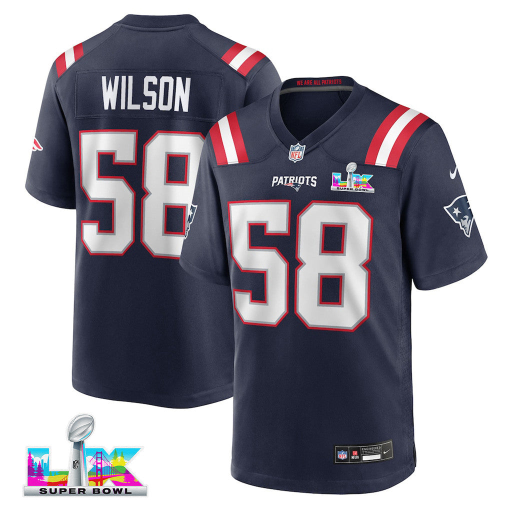 Jared Wilson 58 New England Patriots 2026 Super Bowl LX Game Jersey - Navy