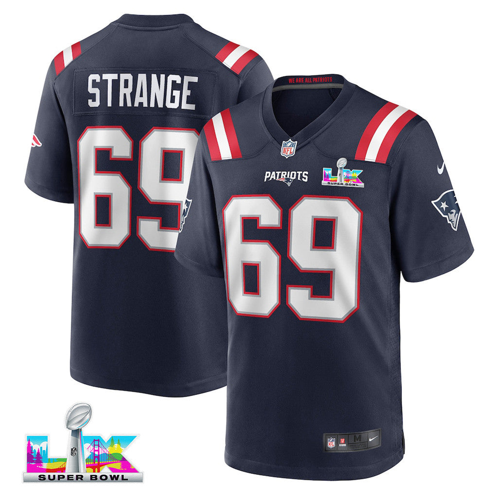 Cole Strange 69 New England Patriots 2026 Super Bowl LX Game Jersey - Navy