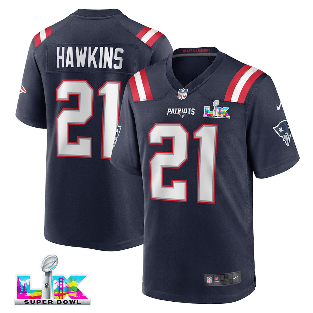Jaylinn Hawkins 21 New England Patriots 2026 Super Bowl LX Game Jersey - Navy