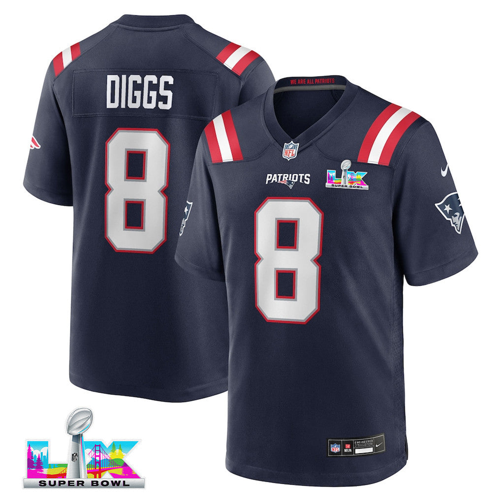 Stefon Diggs 8 New England Patriots 2026 Super Bowl LX Game Jersey - Navy